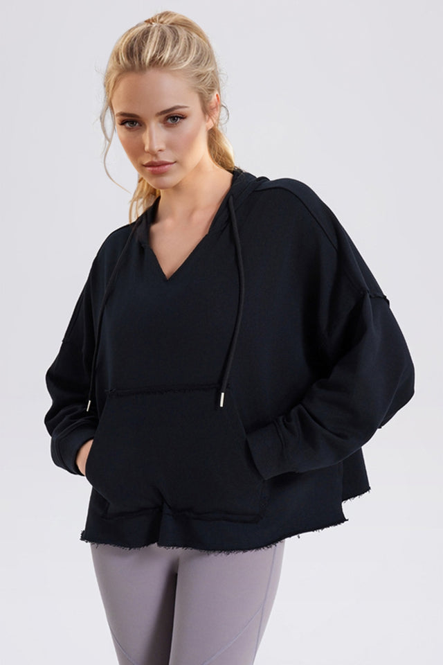 Basic Bae Drawstring Frayed Hem Long Sleeve Hoodie | Hanalas