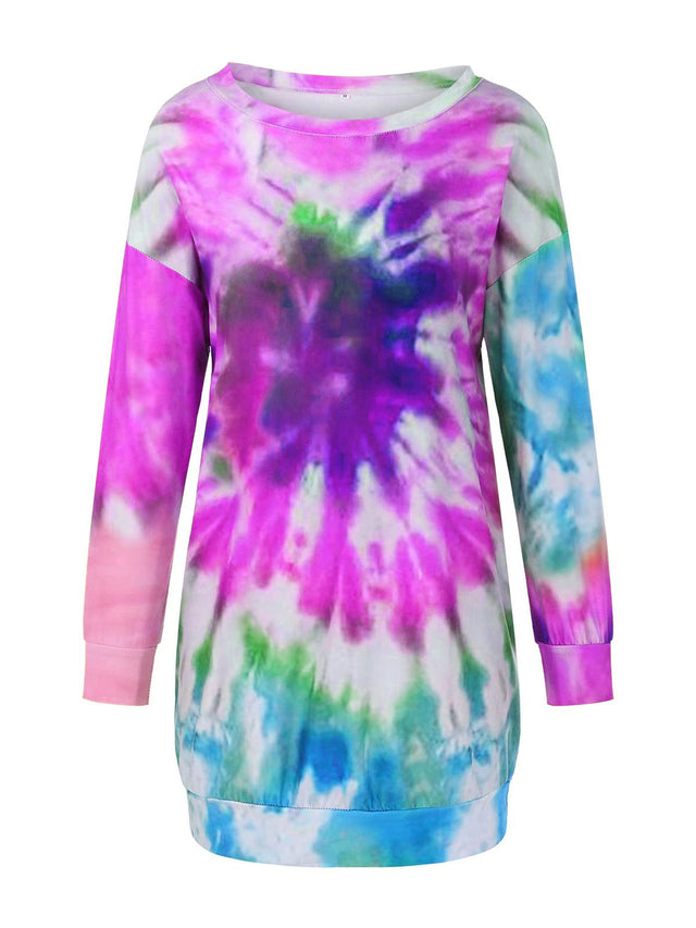 Full Size Tie-Dye Round Neck Long Sleeve Dress | Hanalas