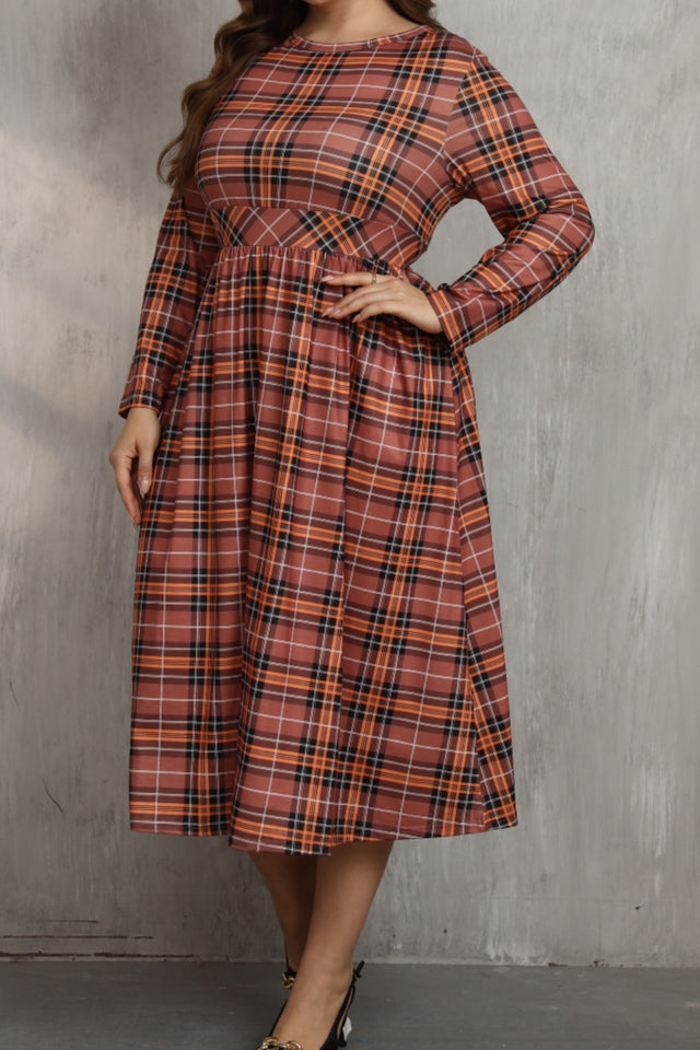 Plus Size Plaid Round Neck Long Sleeve Midi Dress | Hanalas