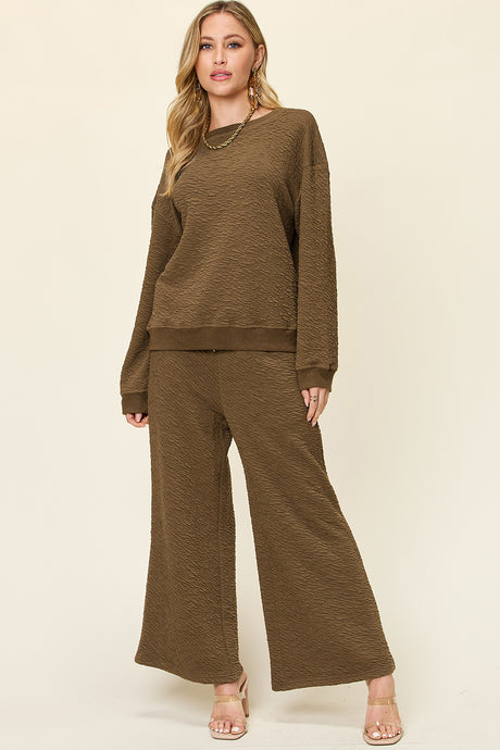 Double Take Full Size Texture Long Sleeve Top and Pants Set | Hanalas