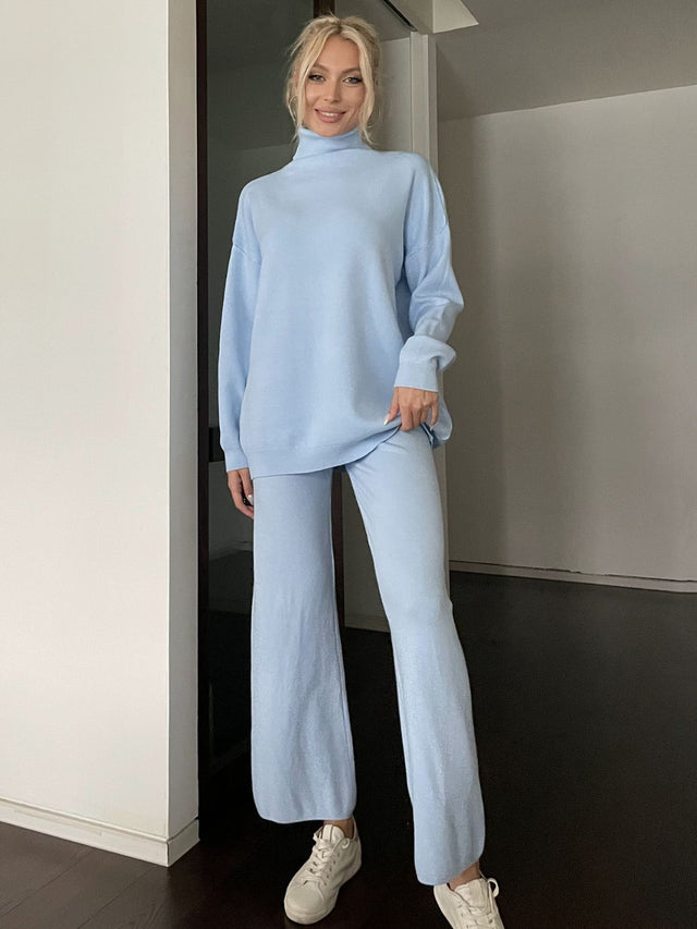 Turtleneck Long Sleeve Top and Drawstring Pants Sweater Set | Hanalas