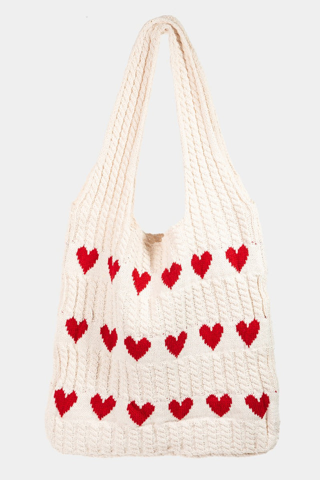 Fame Contrast Heart Crochet Tote Bag | Hanalas