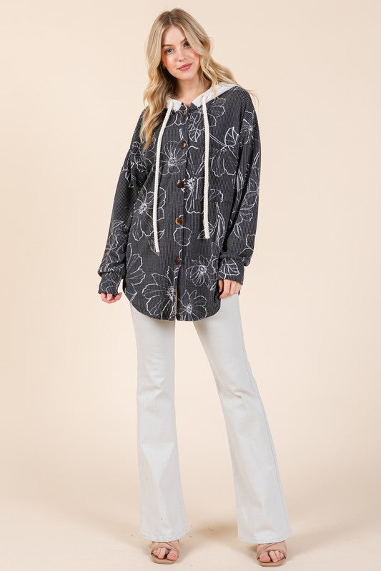 BOMBOM Drawstring Flower Print Button Up Shacket | Hanalas