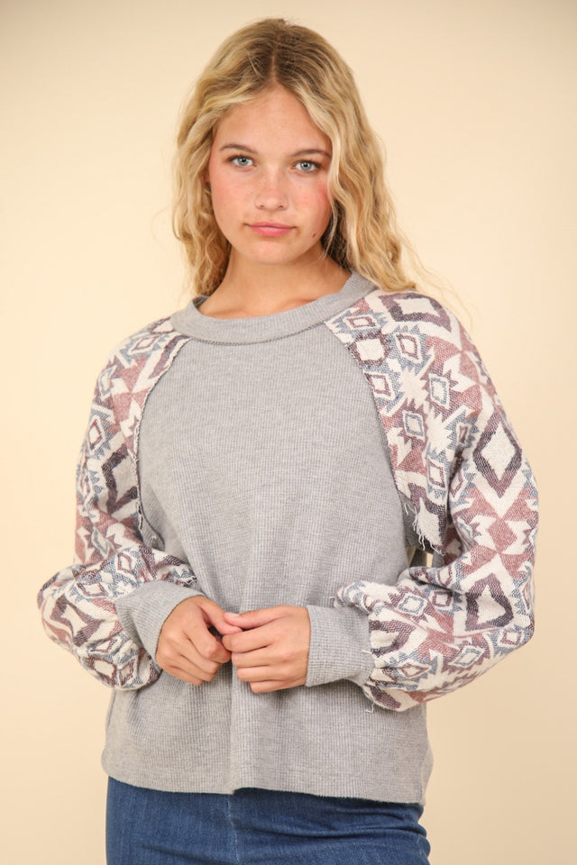 VERY J Printed Long Sleeve Round Neck Knit Top | Hanalas