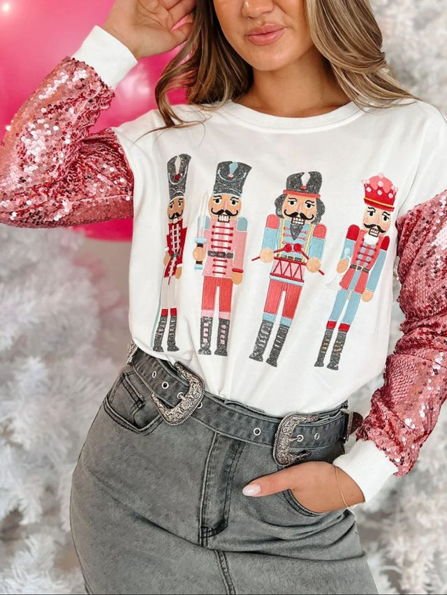 Sequin Nutcracker Round Neck Long Sleeve Sweatshirt | Hanalas