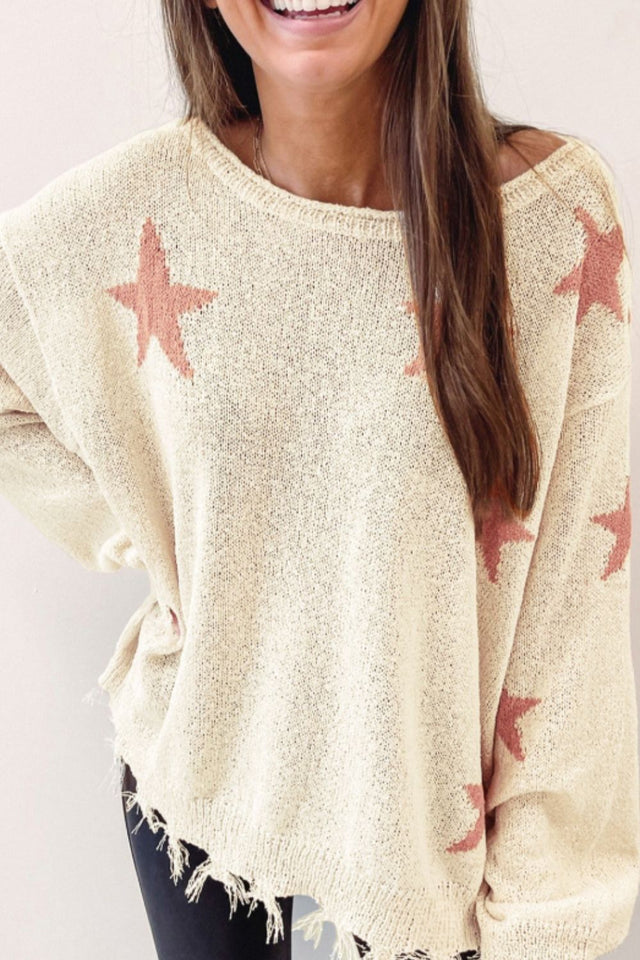 Contrast Star Raw Hem Long Sleeve Knit Top | Hanalas