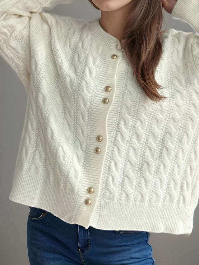 Cable-Knit Round Neck Long Sleeve Cardigan Trendsi Hanalas