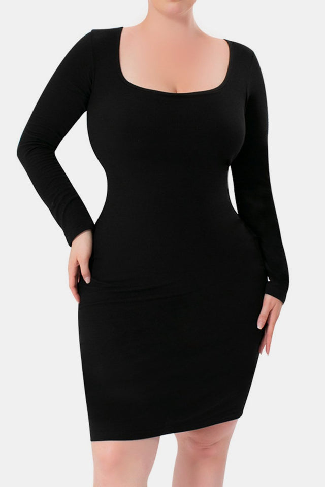 Basic Bae Full Size Built-In Shapewear Square Neck Long Sleeve Dress | Hanalas