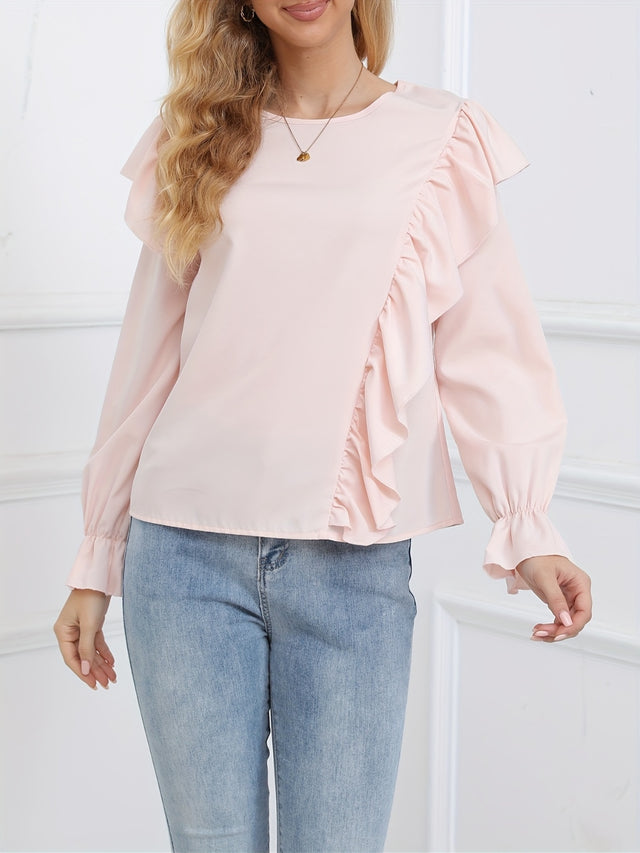 Ruffled Round Neck Long Sleeve Blouse | Hanalas