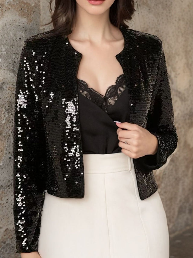 Full Size Sequin Open Front Cropped Jacket | Hanalas