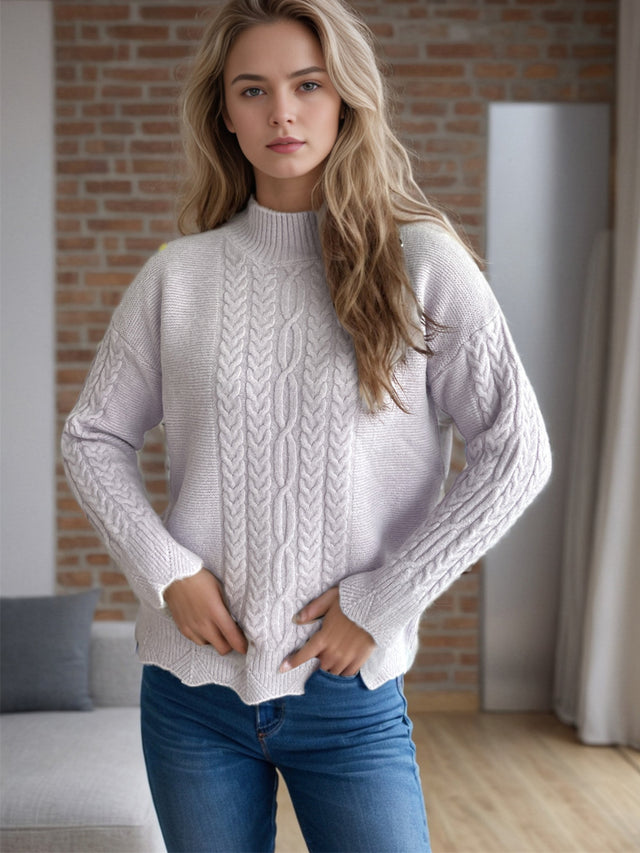 Cable-Knit Mock Neck Dropped Shoulder Sweater | Hanalas