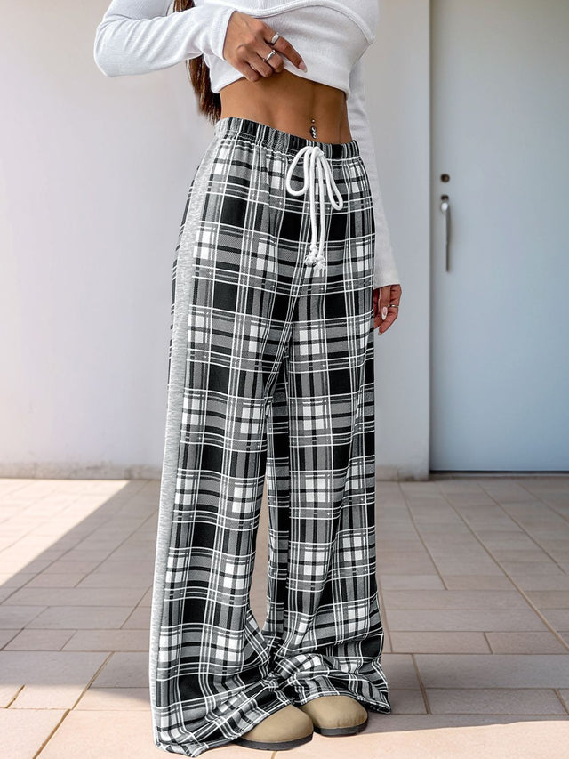 Perfee Drawstring Plaid Wide Leg Pants | Hanalas