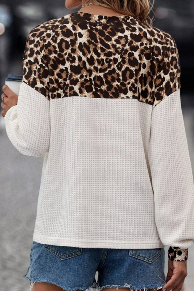 Waffle-Knit Leopard V-Neck Long Sleeve Blouse | Hanalas