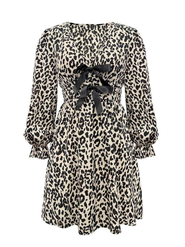 Leopard V-Neck Flounce Sleeve Dress | Hanalas