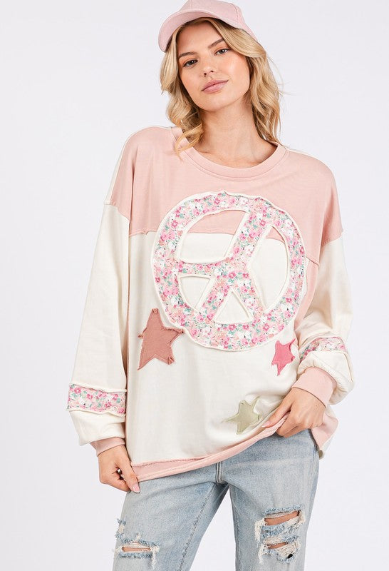 SAGE + FIG Peace & Star Patch Contrast Round Neck Sweatshirt | Hanalas