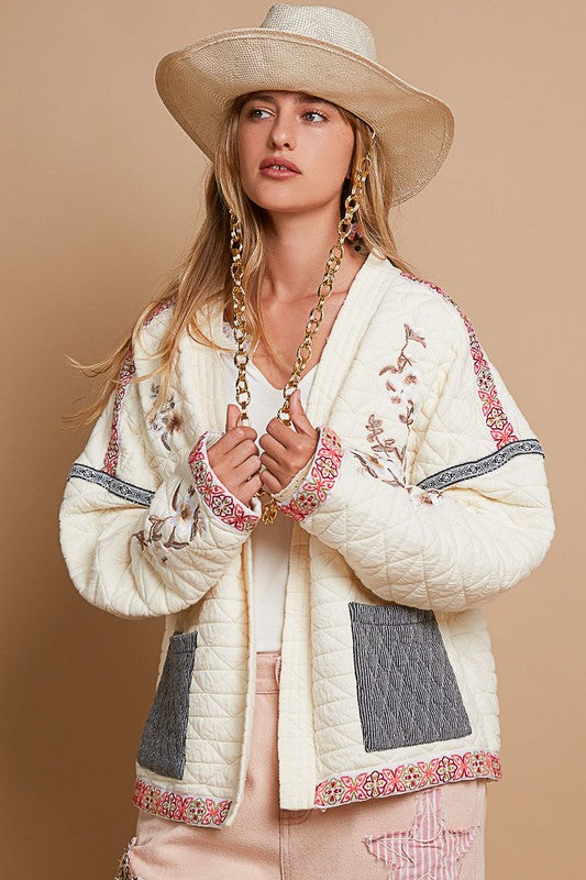 POL Embroidered Open Front Long Sleeve Jacket | Hanalas