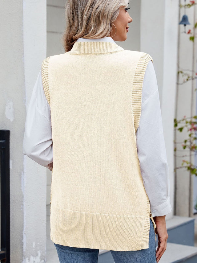 Buttoned Round Neck Sweater Vest | Hanalas