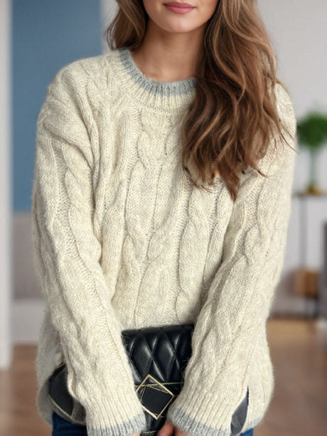 Cable Knit Round Neck Long Sleeve Sweater Trendsi Hanalas