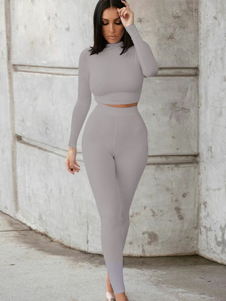 Mock Neck Long Sleeve Top and High Waist Pants Set | Hanalas