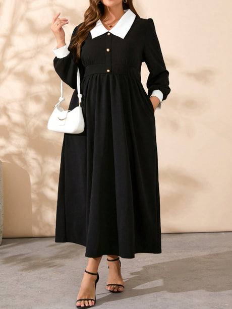 Plus Size Contrast Collared Neck Long Sleeve Midi Dress Trendsi Hanalas