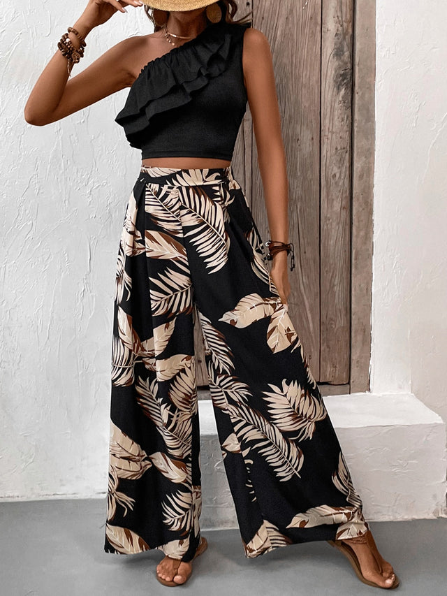 Honey Ruffled Sleeveless Top and Printed Pants Set | Hanalas