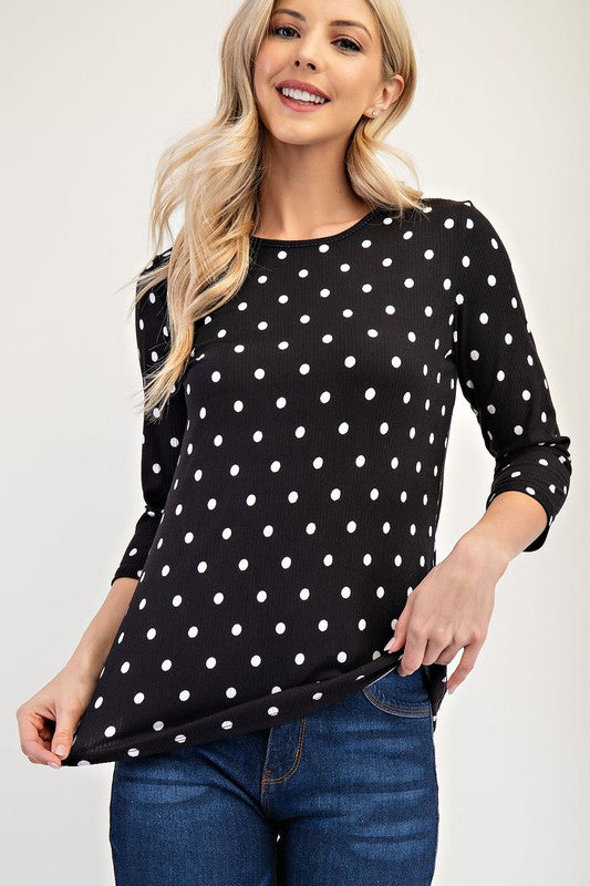 Celeste Full Size Polka Dot Round Neck Three-Quarter Sleeve T-Shirt | Hanalas