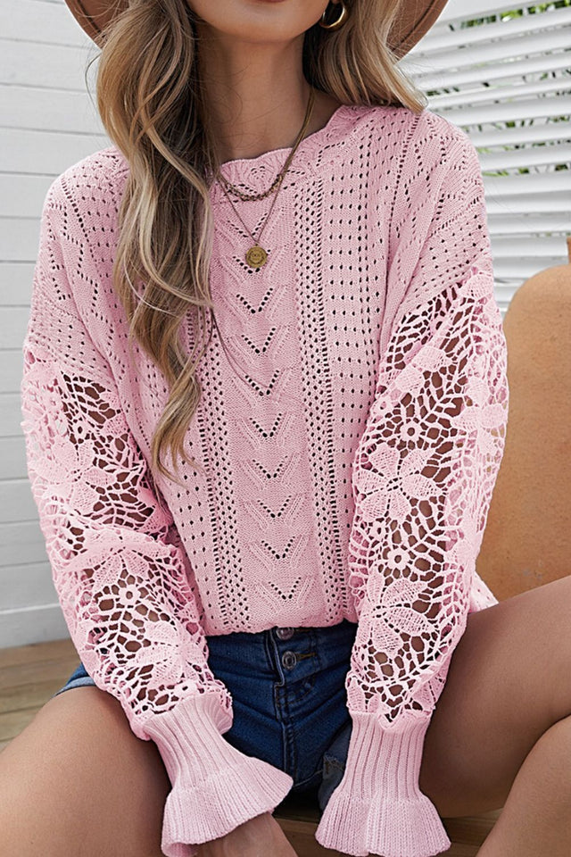 Openwork Round Neck Long Sleeve Sweater | Hanalas