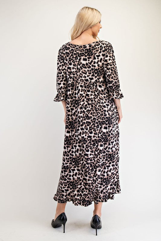 Celeste Full Size Leopard Round Neck Flounce Sleeve Dress | Hanalas