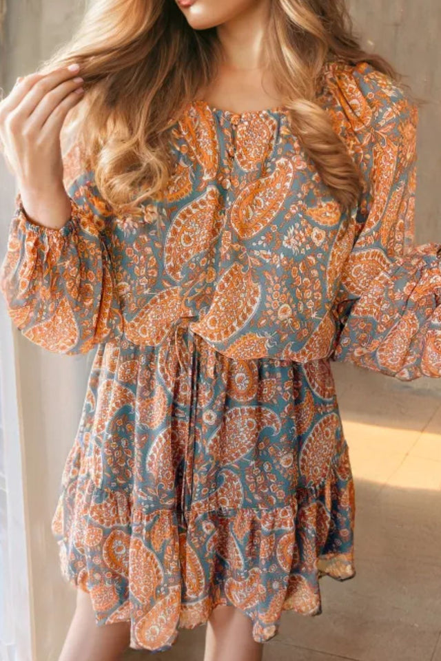 Ruffle Hem Printed Long Sleeve Dress Trendsi Hanalas