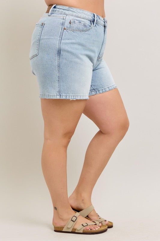 Judy Blue Full Size Frayed Hem High Rise Denim Shorts with Pockets Plus Size | Hanalas
