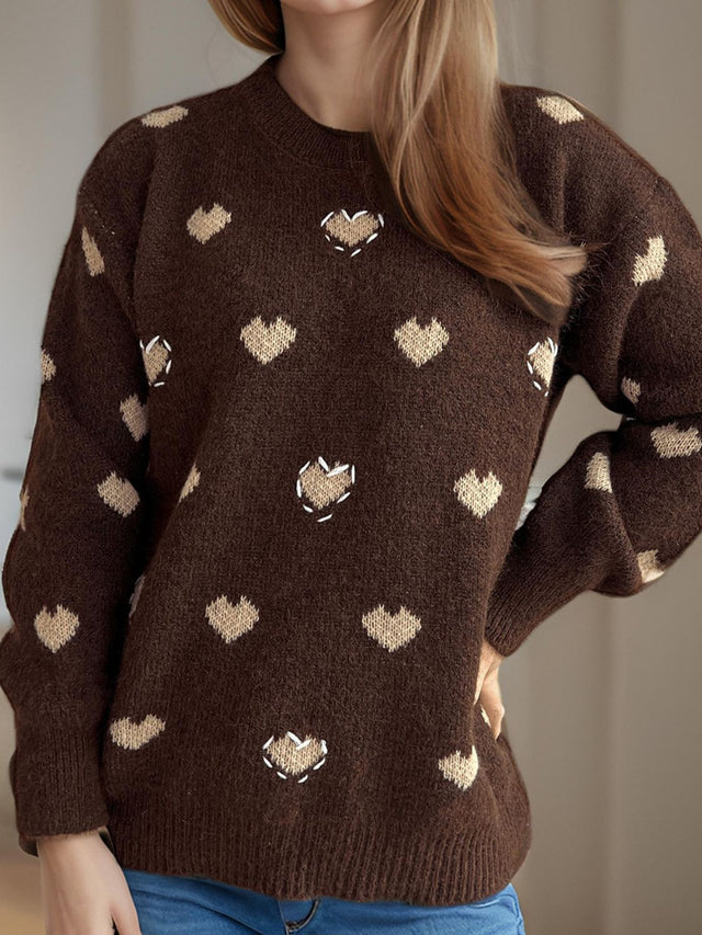 Heart Round Neck Long Sleeve Sweater Trendsi Hanalas