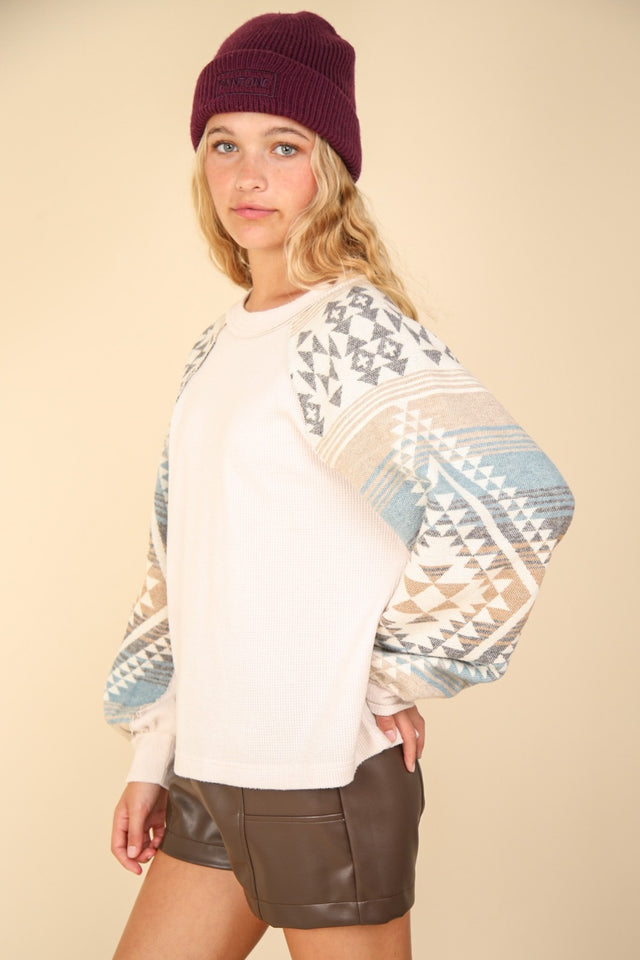 VERY J Printed Long Sleeve Round Neck Knit Top | Hanalas