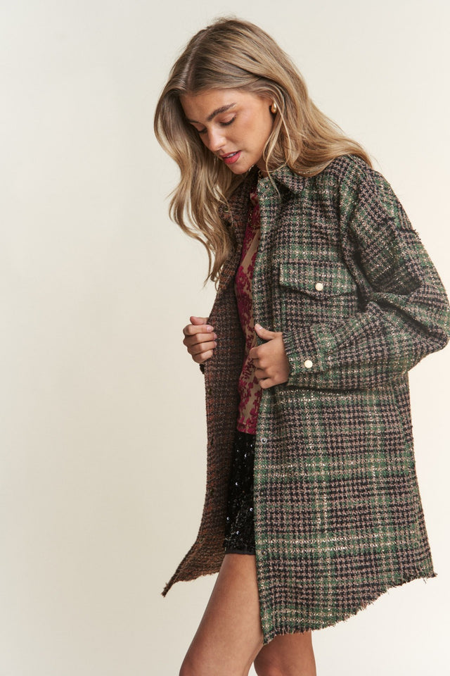 J.NNA Snap Down Tweed Plaid Contrast  Longline Shacket | Hanalas