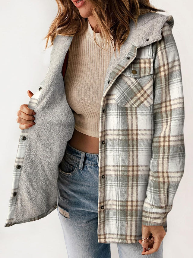 Plaid Snap Down Plush Hooded Jacket | Hanalas