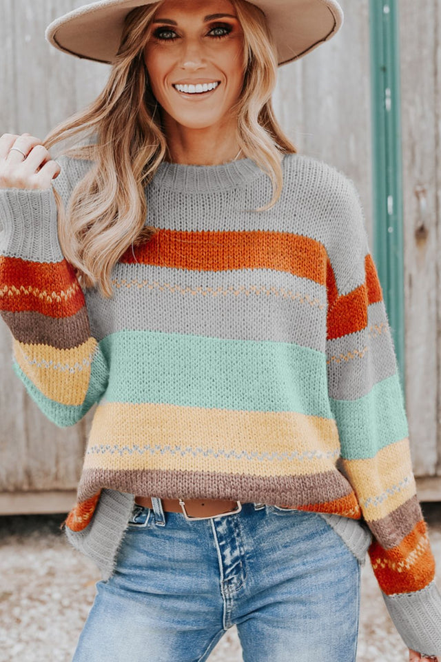 Color Block Round Neck Dropped Shoulder Sweater | Hanalas