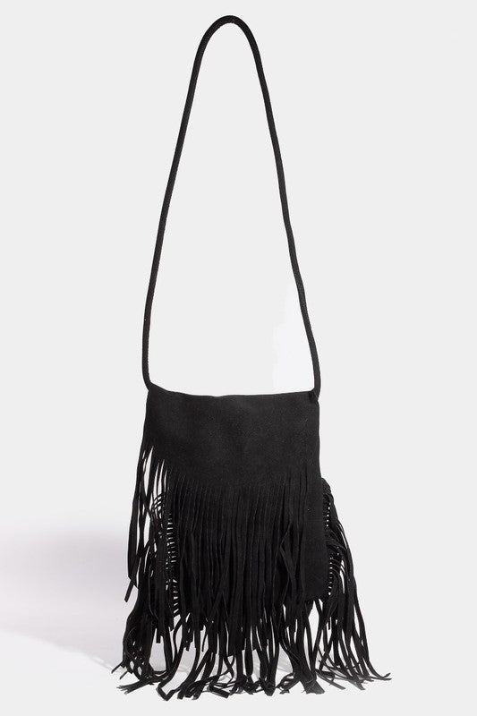 Fame Faux Suede Fringe Rectangle Crossbody Bag | Hanalas