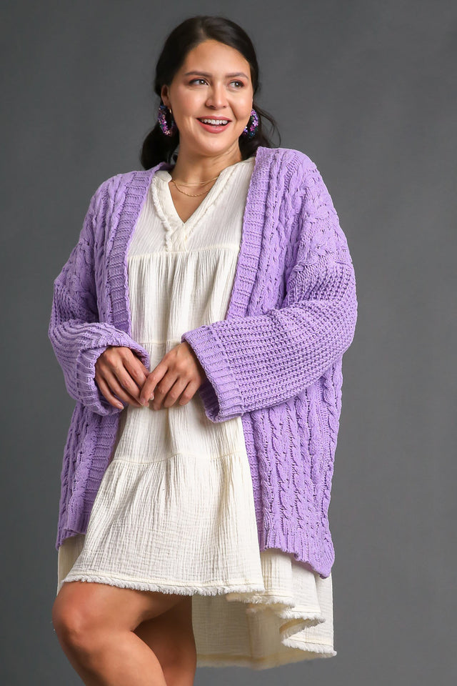 Umgee Full Size Cable Knit Open Front Long Sleeve Cardigan | Hanalas