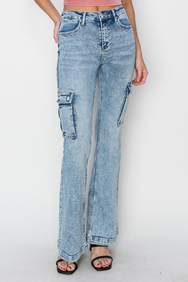 RISEN Full Size High Rise Cargo Flare Jeans | Hanalas