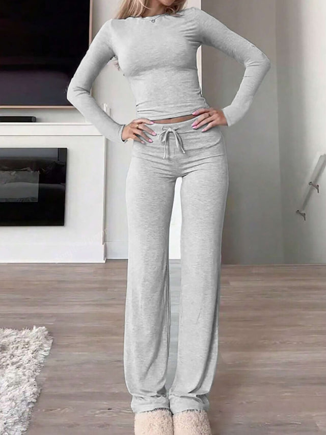 Round Neck Long Sleeve Top and Drawstring Pants Set Trendsi Hanalas