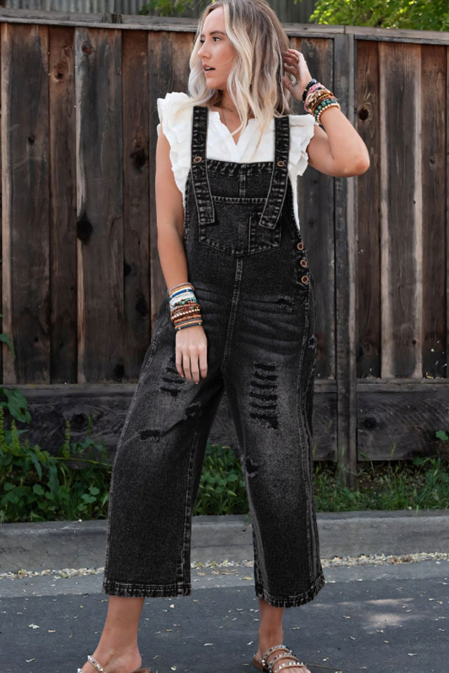 Distressed Wide Strap Denim Overalls Trendsi Hanalas