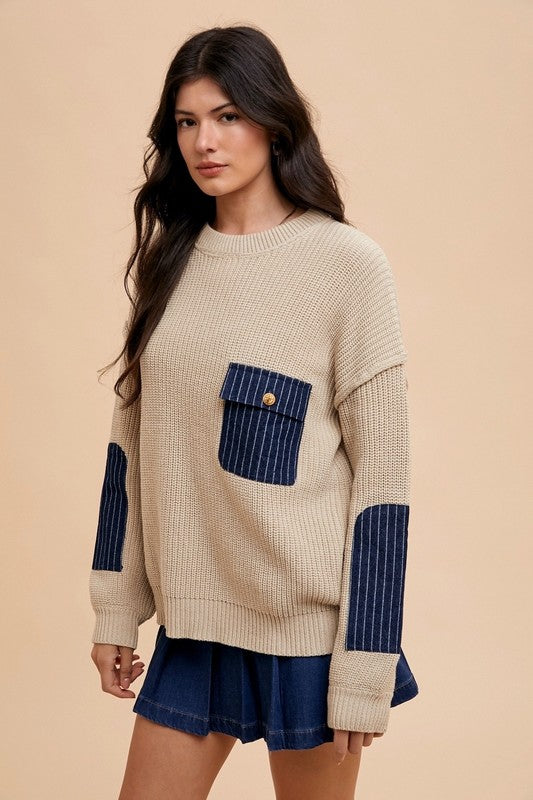 Annie Wear Contrast Round Neck Drop Shoulder Sweater with Patch Pocket | Hanalas