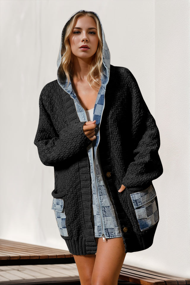 Double Take Full Size Hooded Denim Spliced Sweater Cardigan Trendsi Hanalas