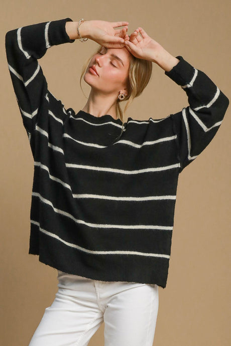 Umgee Wool Blend Striped Round Neck Sweater | Hanalas