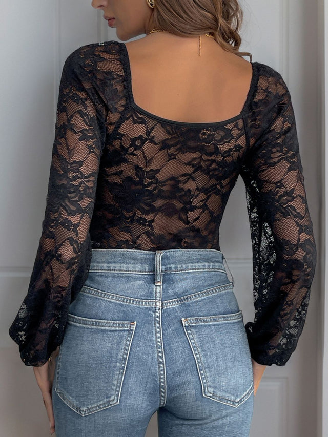 Perfee Lace V-Neck Long Sleeve Bodysuit Trendsi Hanalas