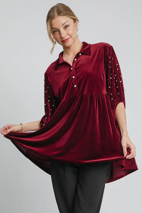 Umgee Pearl Detail Collared Neck Velvet Babydoll Blouse | Hanalas