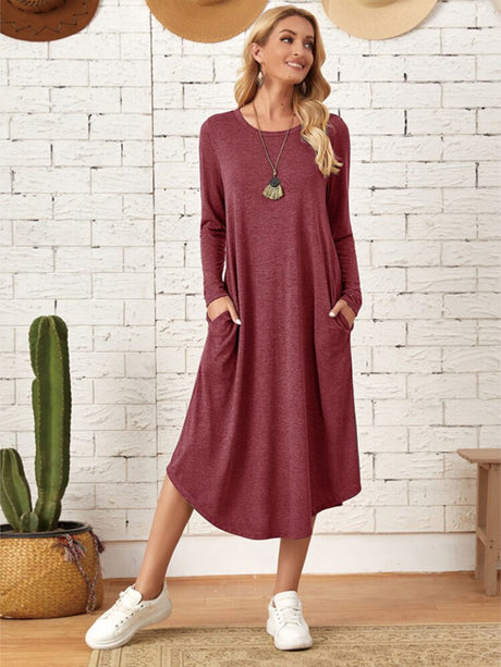 Pocketed Round Neck Long Sleeve Tee Dress - Hanalas