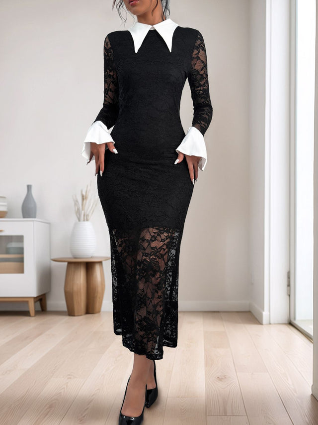 Perfee Lace Contrast Collared Neck Long Sleeve Midi Dress | Hanalas