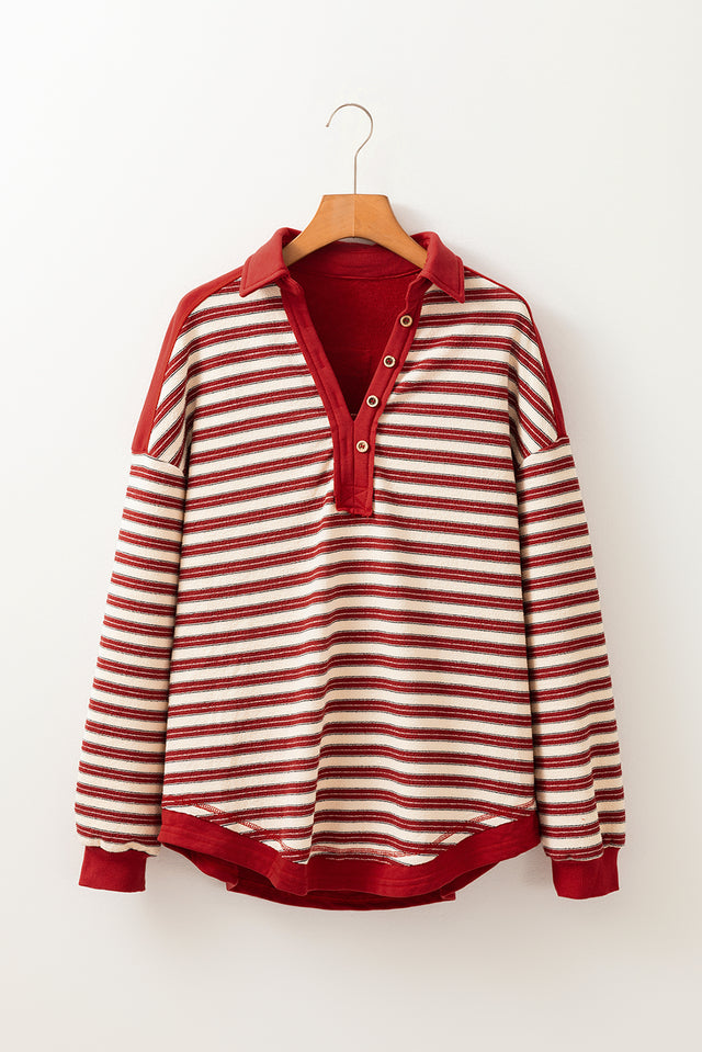 Stripe Johnny Collar Drop Shoulder Sweatshirt | Hanalas