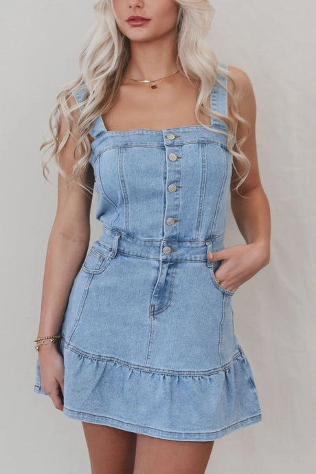 Ruffled Hem Button Front Square Neck Denim Dress | Hanalas