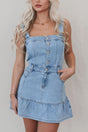 Ruffled Hem Button Front Square Neck Denim Dress | Hanalas